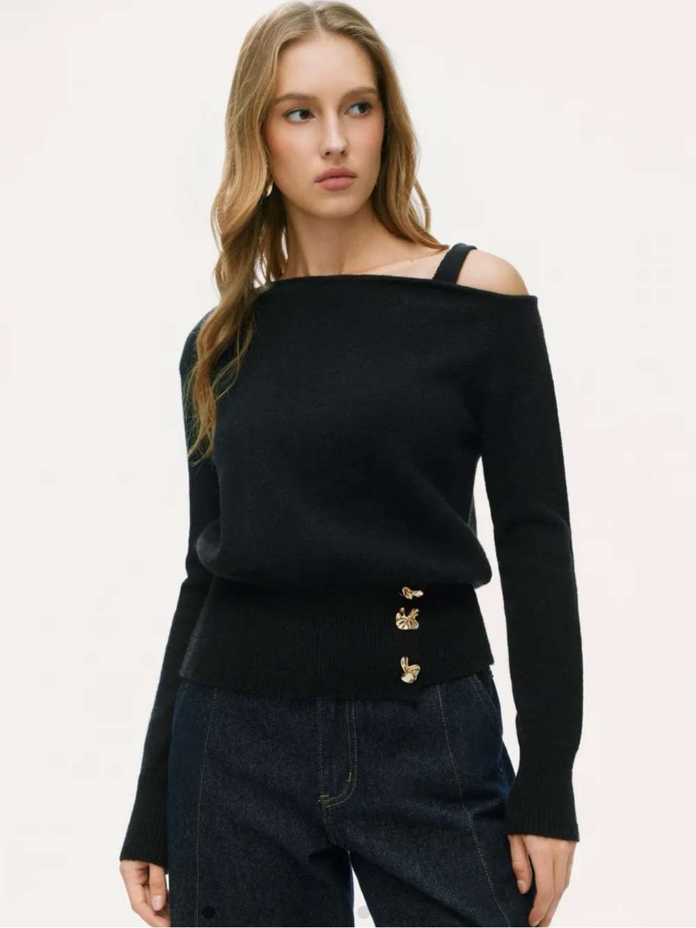 Cider Black Off-the-Shoulder Sweater with Gold Butterfly Buttons